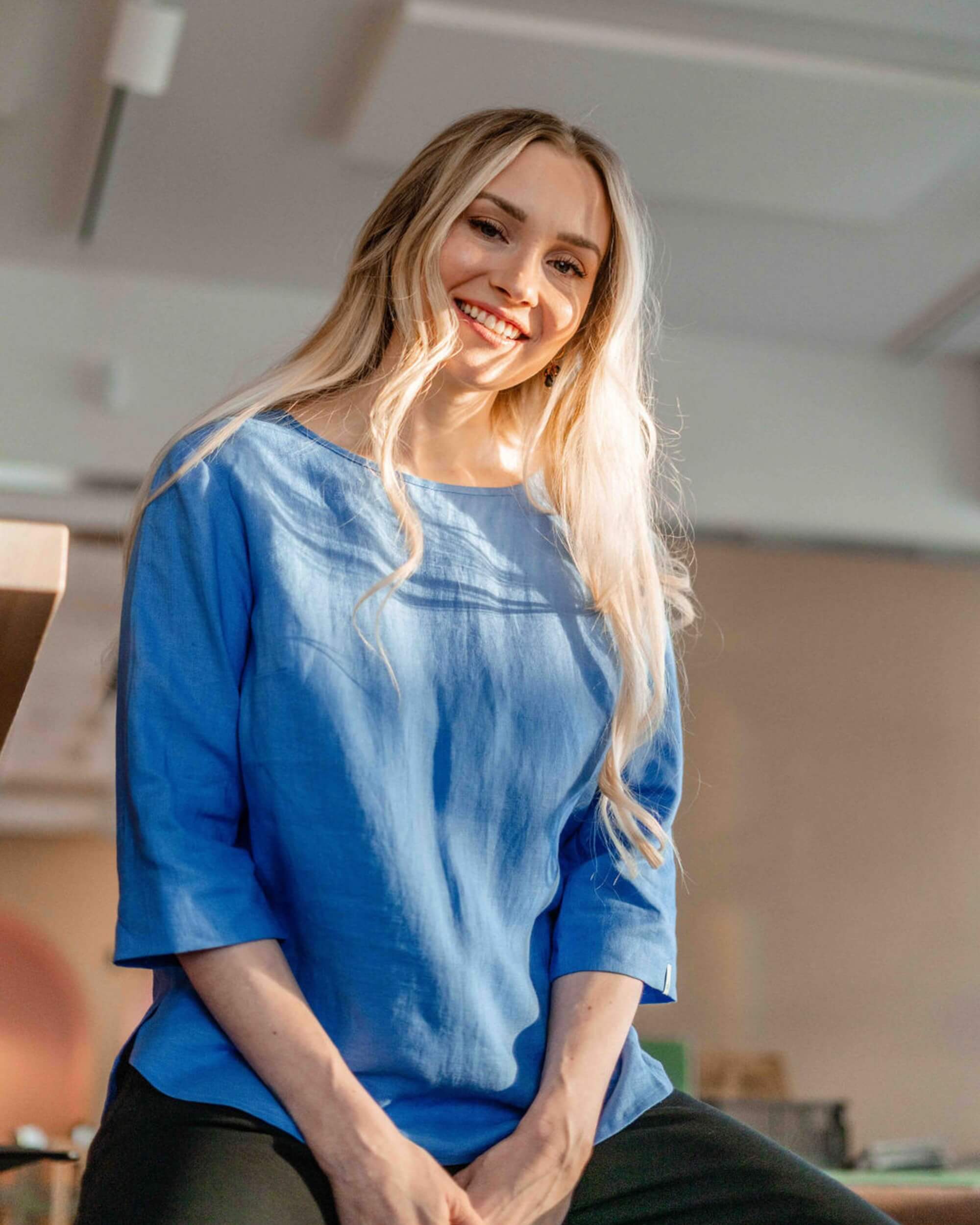 Classic Linen Blouse, Marina Blue