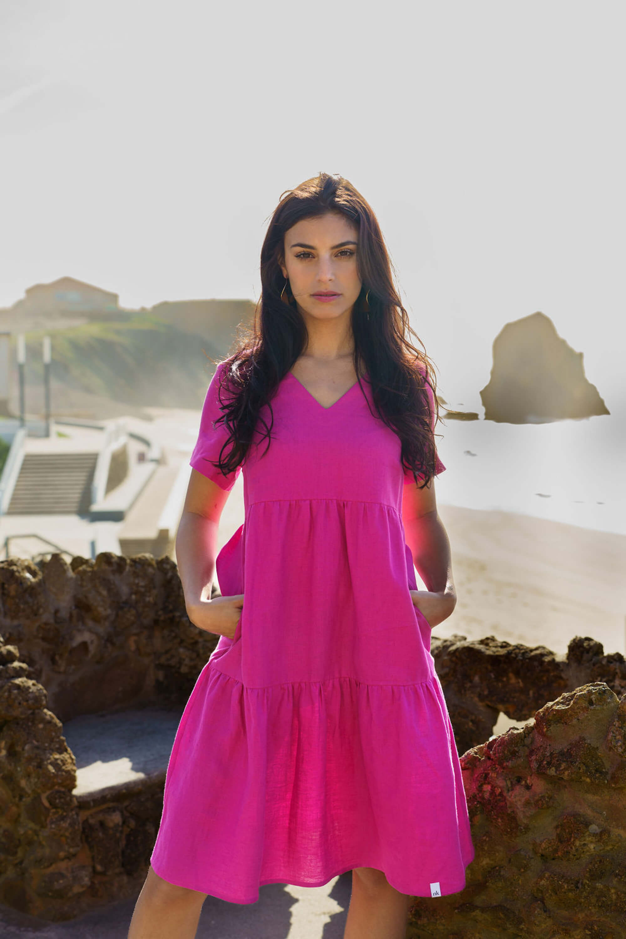 Linen Layered Dress, Candy Pink