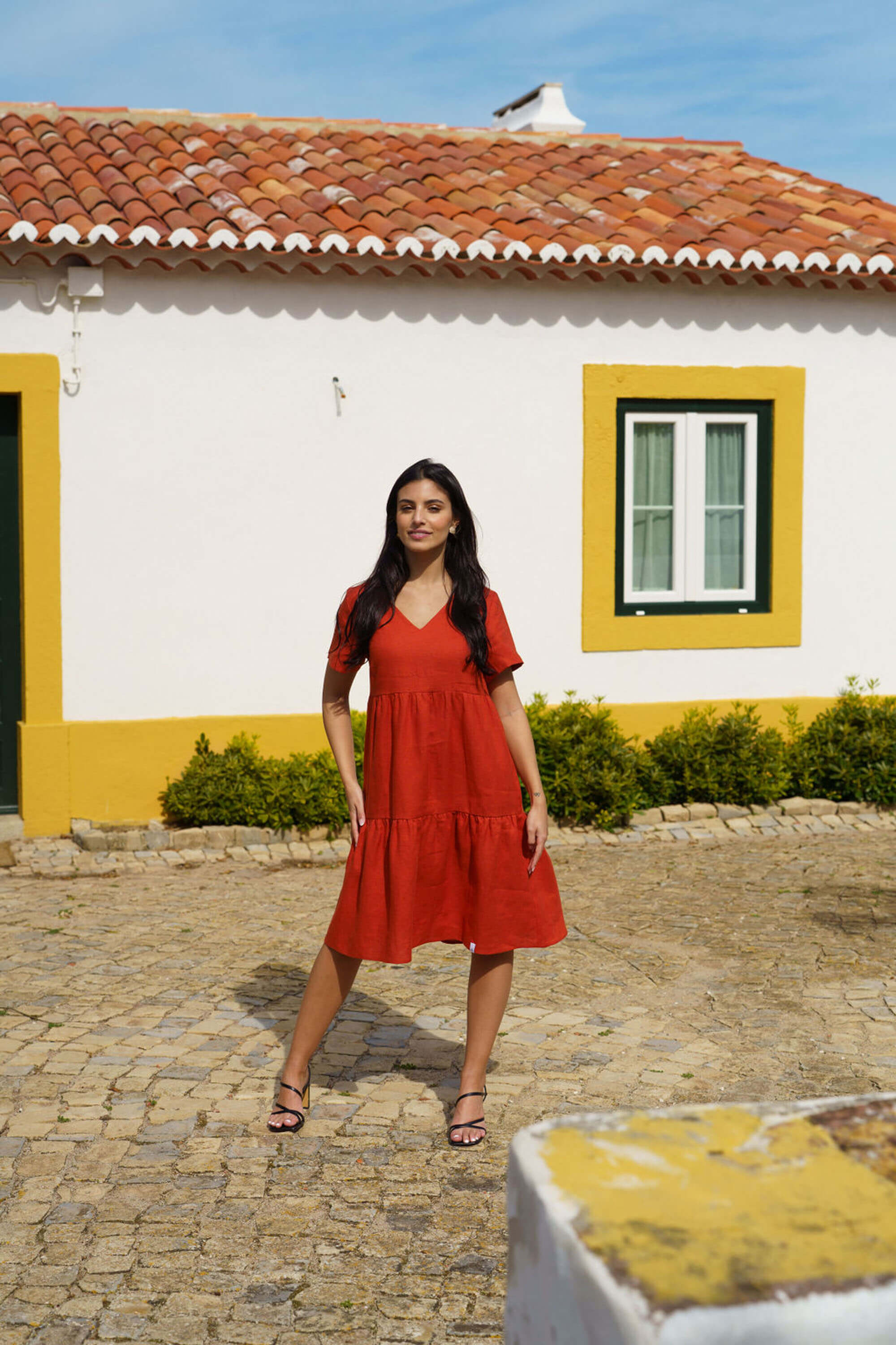 Linen Layered Dress, Burnt Orange