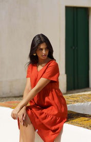 Linen Layered Dress, Burnt Orange