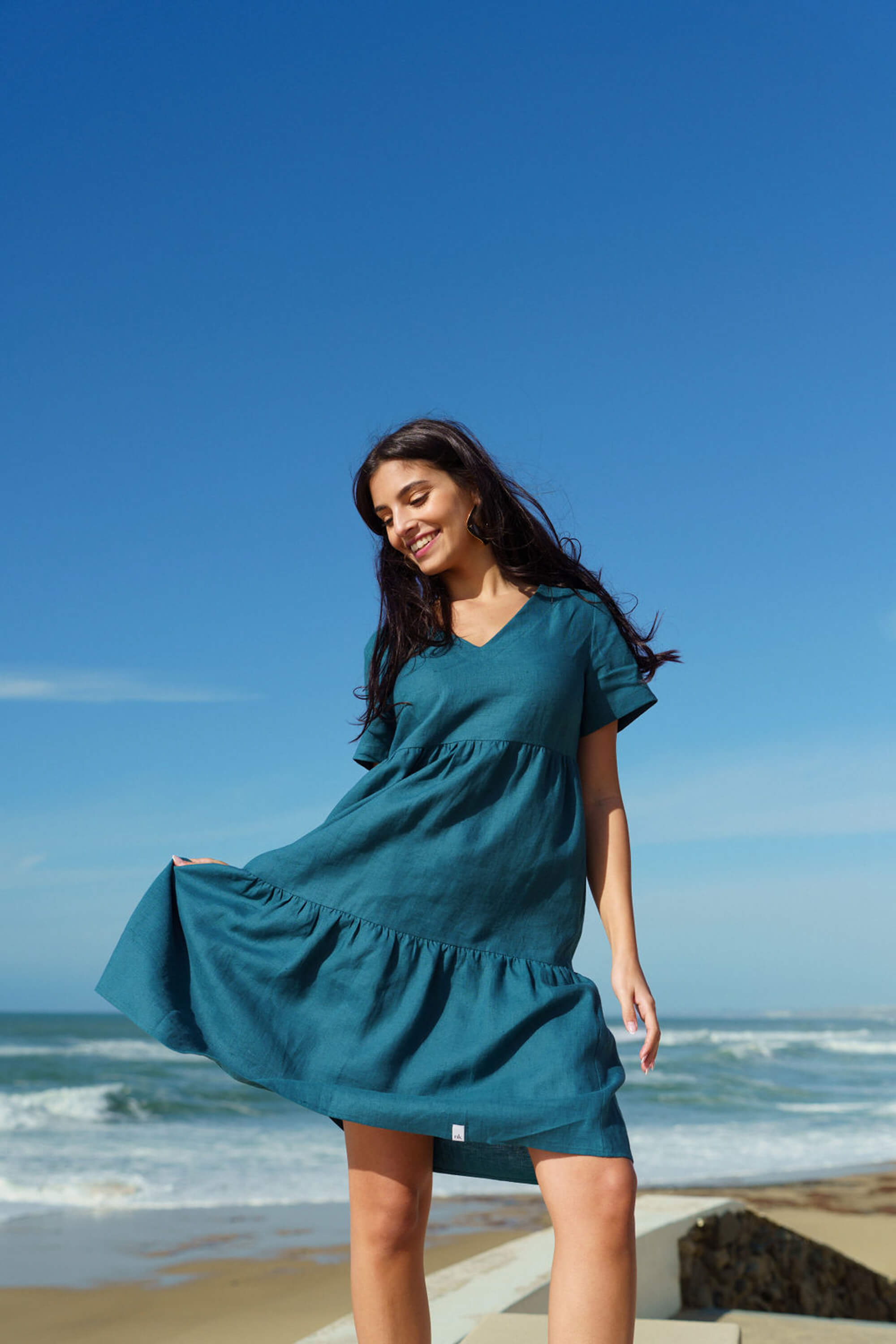 Linen Layered Dress, Crystal Teal