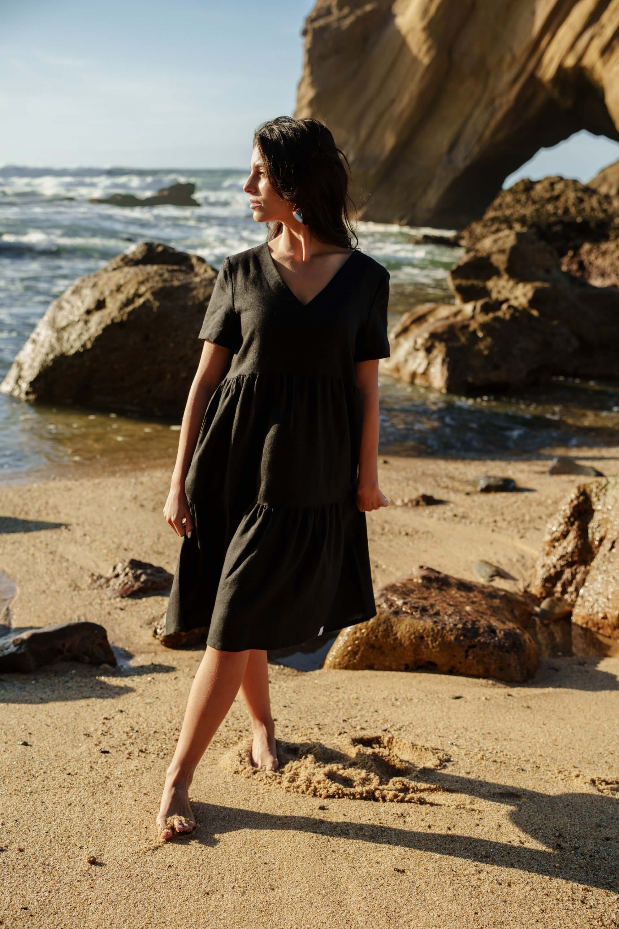 Linen Layered Dress, Black