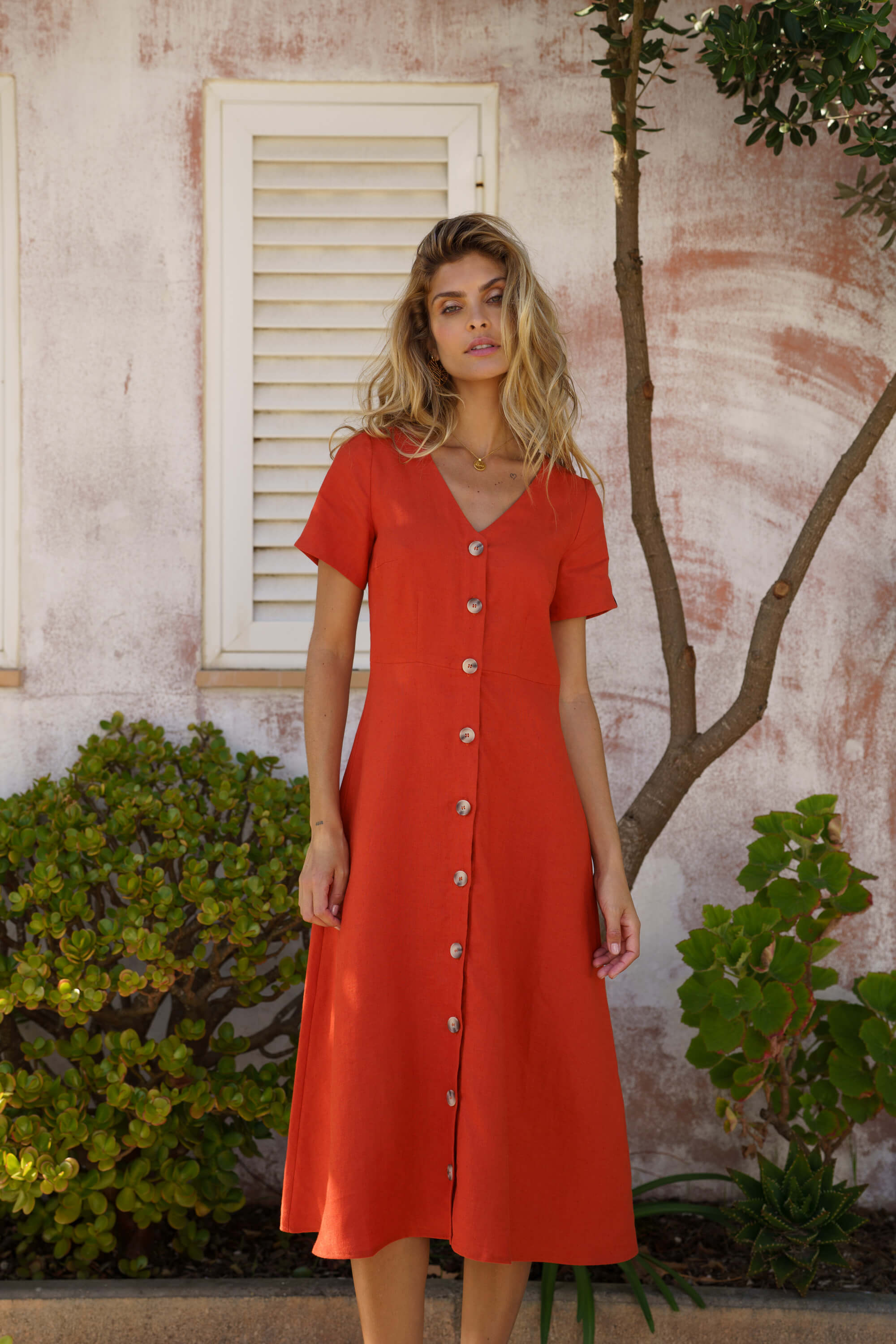 burnt orange button down dress SOLERSUN Slayr Plus Size Waist-Cinching Button-Front Simple Loose Summer Casual Vacation Printing Dress Burnt Orange
