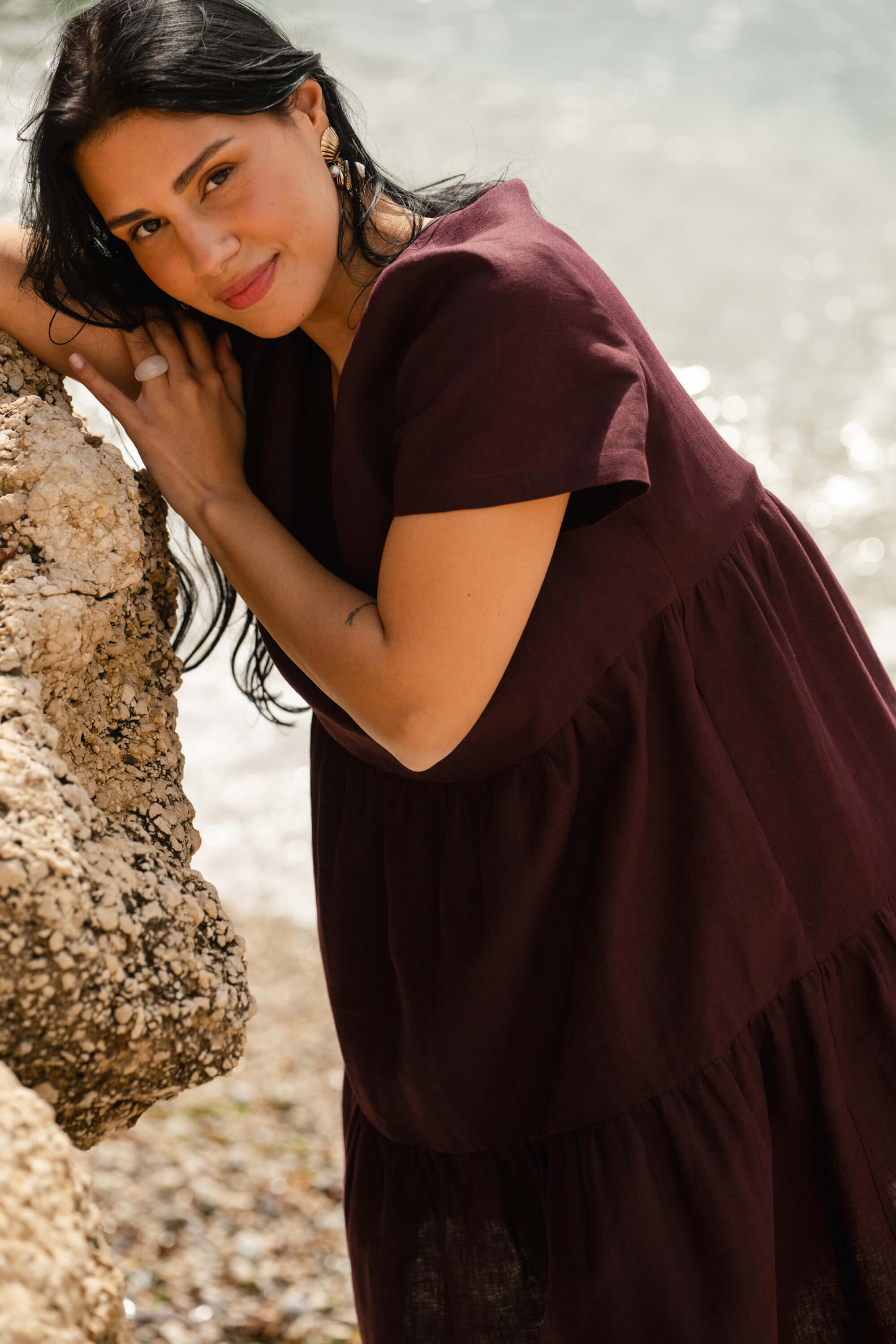 Linen Layered Dress, Merlot