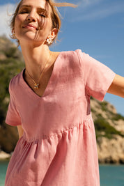 Linen Layered Dress, Powder Pink