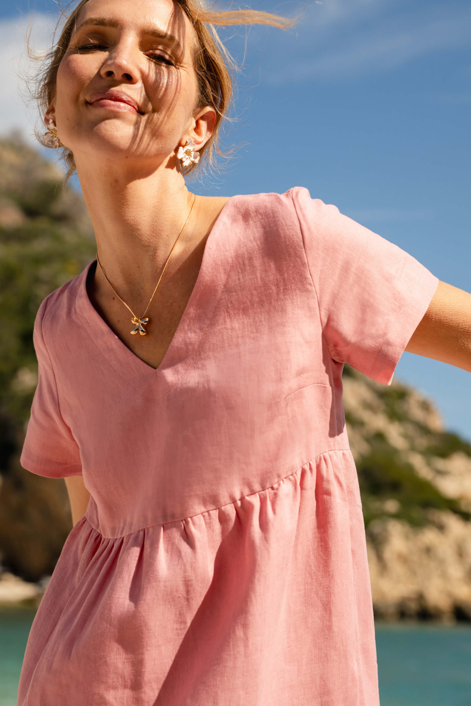 Linen Layered Dress, Powder Pink