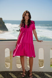 Linen Layered Dress, Pink Peacock