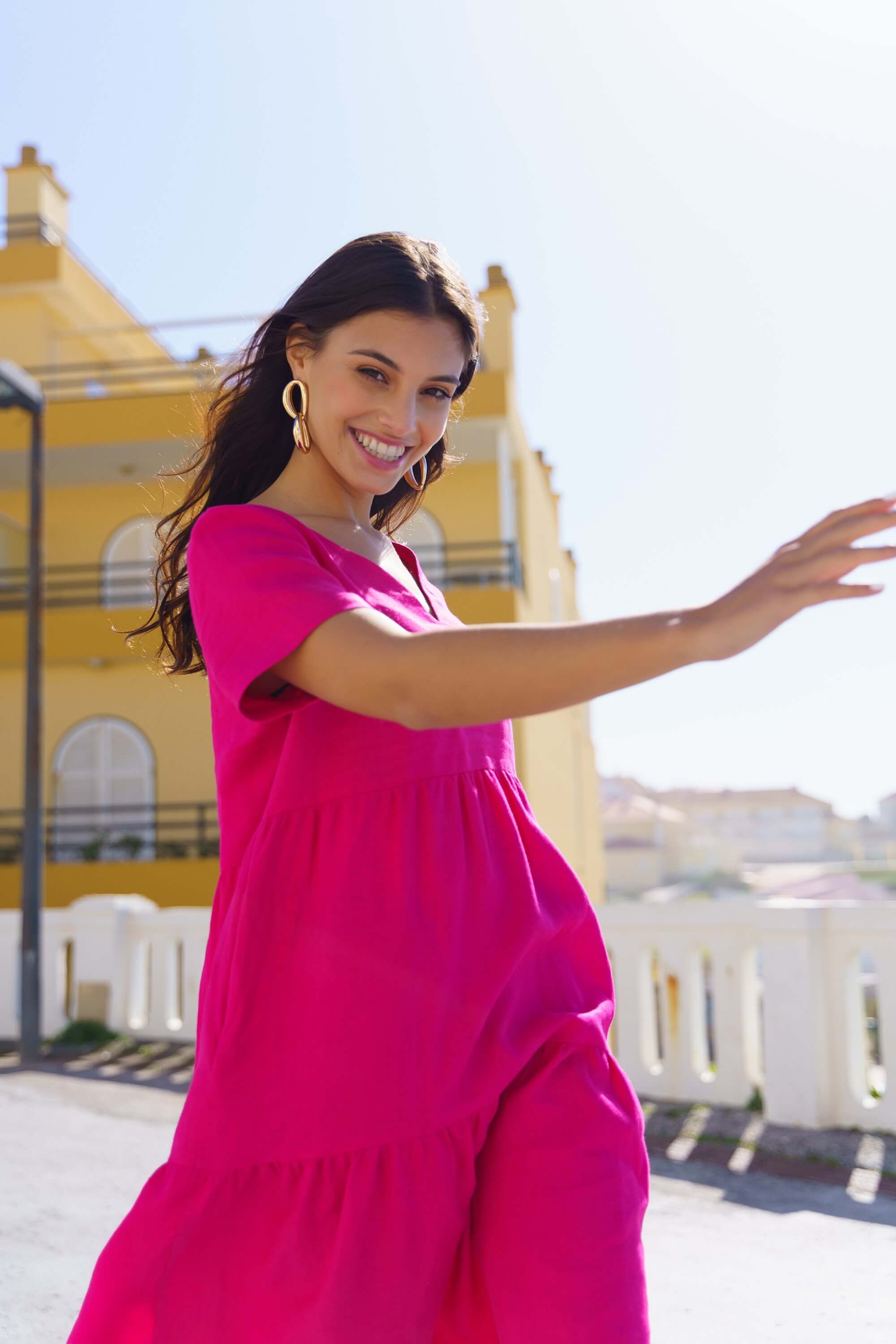 Linen Layered Dress, Pink Peacock