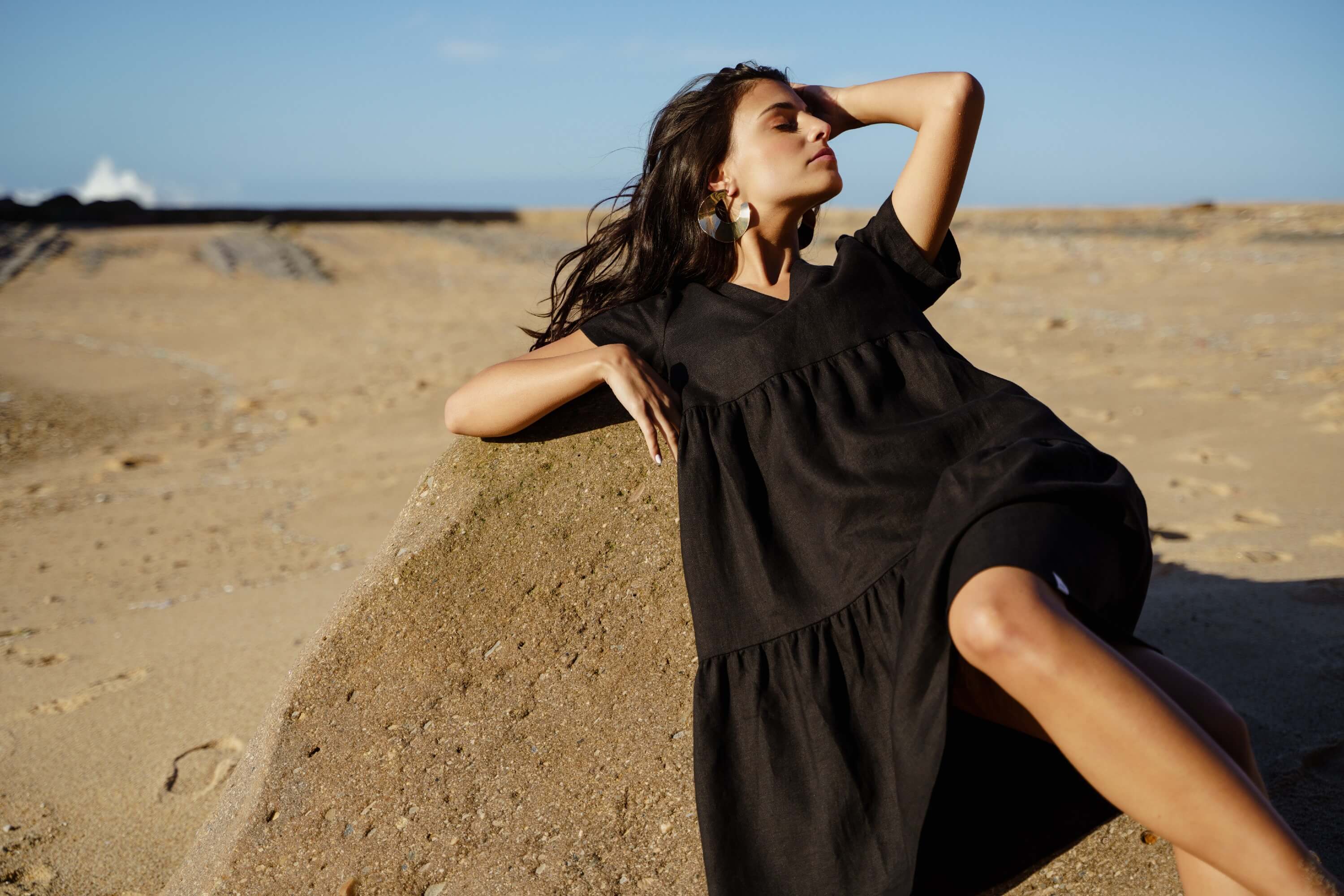 Linen Layered Dress, Black