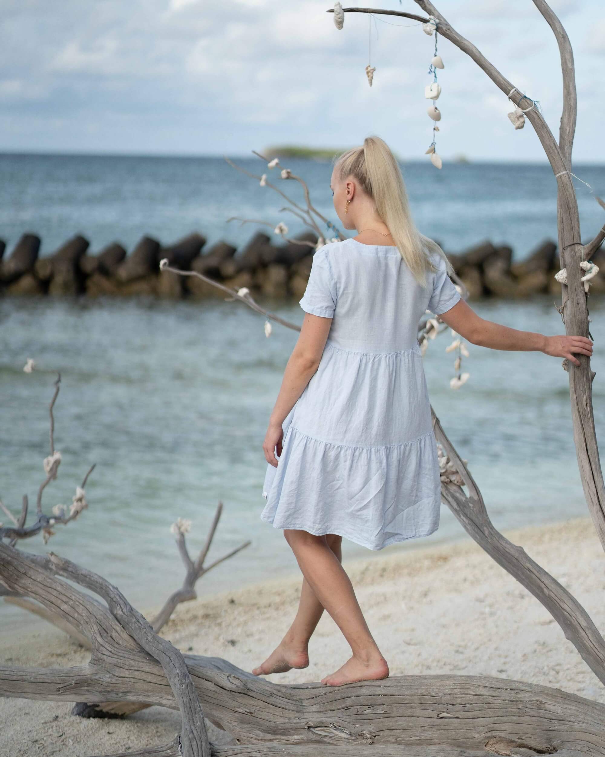 Linen Layered Dress, Sky Blue