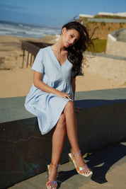 Linen Layered Dress, Sky Blue