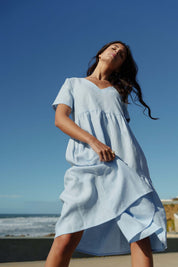 Linen Layered Dress, Sky Blue