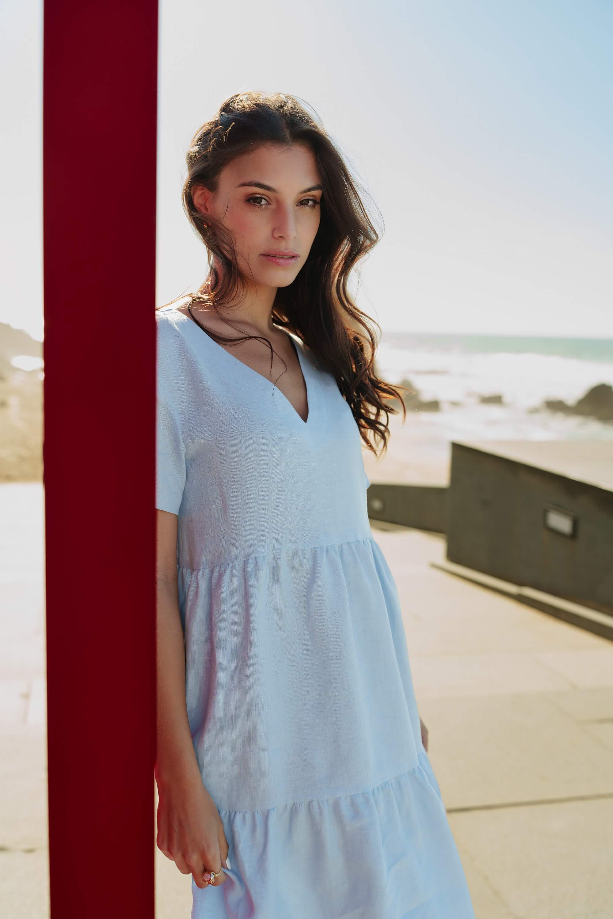 Linen Layered Dress, Sky Blue