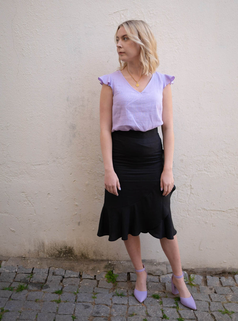 Linen Ruffle Skirt, Black